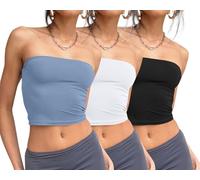 Trendy Queen Womens 3 Pack Tube Tops Crop Going Out Strapless Basic Backless Bandeau Bra Summer Outfits 2025, Black,White,Light Blue, S