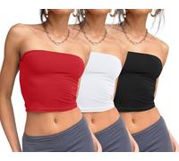 Trendy Queen Womens 3 Pack Tube Tops Crop Going Out Strapless Basic Backless Bandeau Bra Summer Outfits 2025, Black,White,red, S
