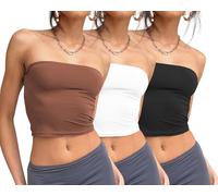 Trendy Queen Womens 3 Pack Tube Tops Crop Going Out Strapless Basic Backless Bandeau Bra Summer Outfits 2025, Black,White,Coffee, M