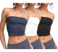 Trendy Queen Womens 3 Pack Tube Tops Crop Going Out Strapless Basic Backless Bandeau Bra Summer Outfits 2025, White,Black,Navy, S