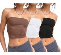 Trendy Queen Womens 3 Pack Tube Tops Crop Going Out Strapless Basic Backless Bandeau Bra Summer Outfits 2025, Black,White,Coffee, S