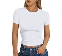 Trendy Queen Womens Basic T-Shirts Scoop Neck Short Sleeve Crop Tops Cute Summer Tops Slim Fit Tees Y2k Clothing 2024, White, S