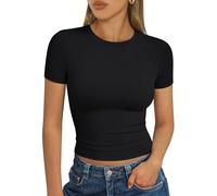 Trendy Queen Womens Basic T-Shirts Scoop Neck Short Sleeve Crop Tops Cute Summer Tops Slim Fit Tees Y2k Clothing 2024, Black, S