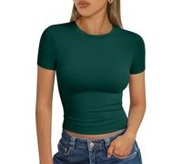 Trendy Queen Womens Basic T Shirts Summer Tops 2025 Short Sleeve Crop Tops Slim Fit Gym Workout Y2k Clothes, Dark Green, S