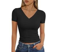 Trendy Queen Womens Basic V Neck Short Sleeve Spring T Shirts Slim Fit Crop Y2k Tee 2026 Summer Gym Workout Cute Top, Black, S
