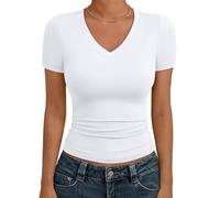 Trendy Queen Womens Basic V Neck Short Sleeve Spring T Shirts Slim Fit Crop Y2k Tee 2026 Summer Gym Workout Cute Top, White, S