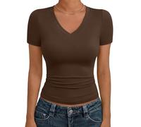Trendy Queen Womens Basic V Neck Short Sleeve T Shirts Slim Fit Crop Y2k Tee 2025 Summer Cute Gym Fashion Clothes, Chocolate Brown, L