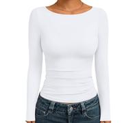 Trendy Queen Women's Boat Neck Tops Long Sleeve Shirts Casual Fitted Tee Shirts Solid Color Fall Basic Clothes 2026, White, S