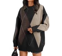 Trendy Queen Women's Color Block Argyle Plaid Oversized Chunky Knit Crewneck Sweaters 2025, Black Nutmeg, Small