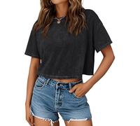 Trendy Queen Womens Crop Tops Short Sleeve T-Shirts Acid Wash Casual Summer Clothes Trendy Comfy 2025 Workout Baggy Soft Tees, Black, M