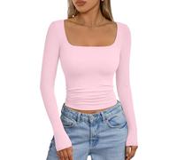 Trendy Queen Womens Double Lined Square Neck Long Sleeve Slightly Crop Slim Fit Tops Casual Layer Basic Tee Shirts 2025, Pink, L
