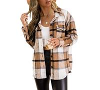 Trendy Queen Womens Flannel Shacket Jacket Casual Plaid Wool Blend Button Down Long Sleeve Shirt Fall Shackets, Apricot, Small