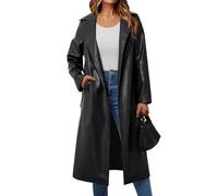 Trendy Queen Womens Long Lapel Faux Leather Jackets Trench Dress Coat Blazer Three Breasted Open Front Peacoat with Belt, Black, Small