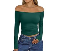 Trendy Queen Womens Long Sleeve Off The Shoulder Tops Going Out Cute Basic Y2K Fall Fashion 2025 Outfits Clothes, Green, XL