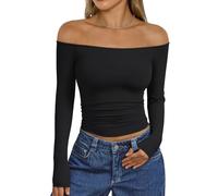 Trendy Queen Womens Long Sleeve Off The Shoulder Tops Going Out Cute Basic Y2K Fall Fashion 2025 Outfits Clothes, Black, M