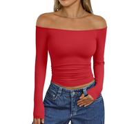 Trendy Queen Womens Long Sleeve Off The Shoulder Tops Going Out Cute Basic Y2K Fall Fashion 2026 Outfits Clothes, Red, XL