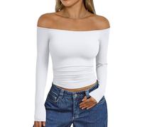 Trendy Queen Womens Long Sleeve Off The Shoulder Tops Going Out Cute Basic Y2K Fall Fashion 2026 Outfits Clothes, White, S