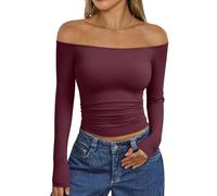 Trendy Queen Womens Long Sleeve Off The Shoulder Tops Going Out Cute Basic Y2K Fall Fashion 2026 Outfits Clothes, Wine, M