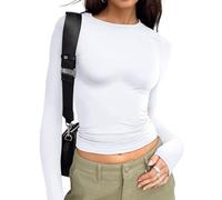 Trendy Queen Womens Long Sleeve Shirts Basic Spring Crop Tops Fall Fashion Layering Slim Fitted Y2k Tops, White, M