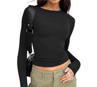 Trendy Queen Womens Long Sleeve Shirts Basic Spring Crop Tops Fall Fashion Layering Slim Fitted Y2k Tops, Black, XS