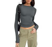 Trendy Queen Womens Long Sleeve Shirts Basic Spring Crop Tops Fall Fashion Layering Slim Fitted Y2k Tops, Gray, S