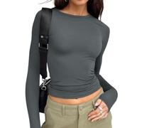 Trendy Queen Womens Long Sleeve Shirts Basic Spring Crop Tops Fall Fashion Layering Slim Fitted Y2k Tops, Gray, S