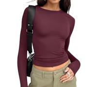 Trendy Queen Womens Long Sleeve Shirts Basic Spring Crop Tops Fall Fashion Layering Slim Fitted Y2k Tops, Wine Red, S