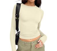 Trendy Queen Womens Long Sleeve Shirts Basic Spring Crop Tops Fall Fashion Layering Slim Fitted Y2k Tops, Apricot, S