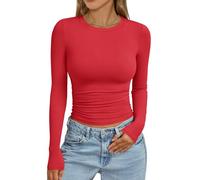 Trendy Queen Women's Long Sleeve Shirts Crew Neck Ruched Slim Fit Basic Layering Tops Fall Winter Fashion, Red, L