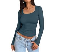 Trendy Queen Womens Long Sleeve Shirts Crop Tops Fall Fashion 2025 Square Neck Going Out Basics Tees Y2k Clothes, Haze Blue, L