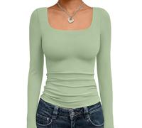 Trendy Queen Womens Long Sleeve Shirts Crop Tops Fall Fashion 2025 Square Neck Going Out Basics Tees Y2k Clothes, Light Green, M