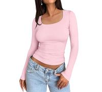 Trendy Queen Womens Long Sleeve Shirts Crop Tops Fall Fashion 2025 Square Neck Going Out Basics Tees Y2k Clothes, Pink, M