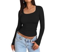 Trendy Queen Womens Long Sleeve Shirts Crop Tops Fall Fashion 2025 Square Neck Going Out Basics Tees Y2k Clothes, Black, L