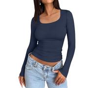 Trendy Queen Womens Long Sleeve Shirts Crop Tops Fall Fashion 2025 Square Neck Going Out Basics Tees Y2k Clothes, Navy, M