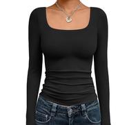 Trendy Queen Womens Long Sleeve Shirts Crop Tops Fall Fashion 2025 Square Neck Going Out Basics Tees Y2k Clothes, Black, XXS