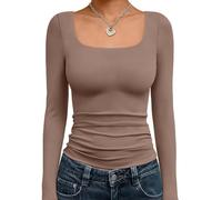 Trendy Queen Womens Long Sleeve Shirts Crop Tops Square Neck Going Out Basics Tees Y2K Winter Clothes 2025, Coffee Grey, M