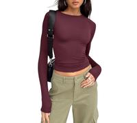 Trendy Queen Womens Long Sleeve Shirts Fall Fashion 2025 Basic Crop Tops Going Out Workout Outfits Y2k Clothes, Wine Red, M