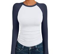Trendy Queen Womens Long Sleeve Slim Fit Stretchy Color Block Shirts, White Navy Combo, XL