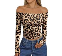 Trendy Queen Womens Off The Shoulder Tops Going Out Basic Sexy T Shirts, Leopard, XL