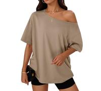Trendy Queen Womens Off The Shoulder Tops Oversized T-Shirts Short Sleeve Tees Summer 2025 Casual Spring Fashion Clothes, Coffeegrey, L