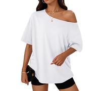 Trendy Queen Womens Off The Shoulder Tops Oversized T-Shirts Short Sleeve Tees Summer 2025 Casual Spring Fashion Clothes, White, S