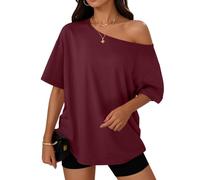 Trendy Queen Womens Off The Shoulder Tops Oversized T-Shirts Short Sleeve Tees Summer 2026 Casual Spring Fashion Clothes, Winered, S