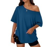Trendy Queen Womens Off The Shoulder Tops Oversized T-Shirts Short Sleeve Tees Summer 2026 Casual Spring Clothes, Darkblue, M