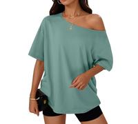 Trendy Queen Womens Off The Shoulder Tops Oversized T-Shirts Short Sleeve Tees Summer 2026 Casual Spring Fashion Clothes, Lightgreen, S