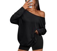 Trendy Queen Womens Off The Shoulder Tops Oversized Tshirts Long Sleeve 2026 Casual Basic Tees, Black, XXL