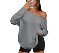 Trendy Queen Womens Off The Shoulder Tops Oversized Tshirts Long Sleeve 2026 Casual Basic Tees, Grey, XL