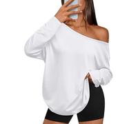 Trendy Queen Womens Off The Shoulder Tops Oversized Tshirts Long Sleeve 2026 Casual Basic Tees, White, M