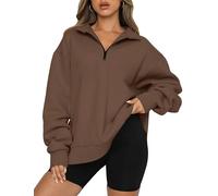 Trendy Queen Womens Oversized Half Zip Pullover Long Sleeve Sweatshirt Quarter Zip Hoodie Sweater Teen Girls Fall Y2K Clothes, Brown, S