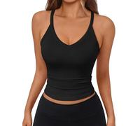 Trendy Queen Womens Racerback Ribbed Tank Tops Soft Stretch V Neck Workout Casual Tops Summer Sleeveless Crop Camisole, Black, L