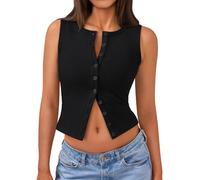 Trendy Queen Womens Ribbed Button Down Sleeveless Shirts Summer Going Out Cropped Tank Top, Black, M